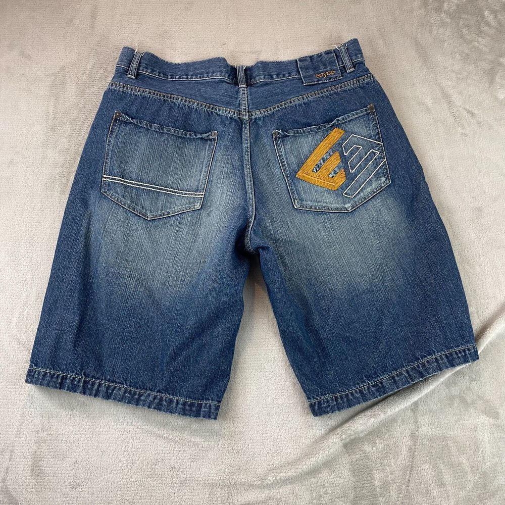 Vintage‎ Enyce Shorts Men 38 (Meas. 36) Blu Denim Embroidered Jean Hip Hop Baggy